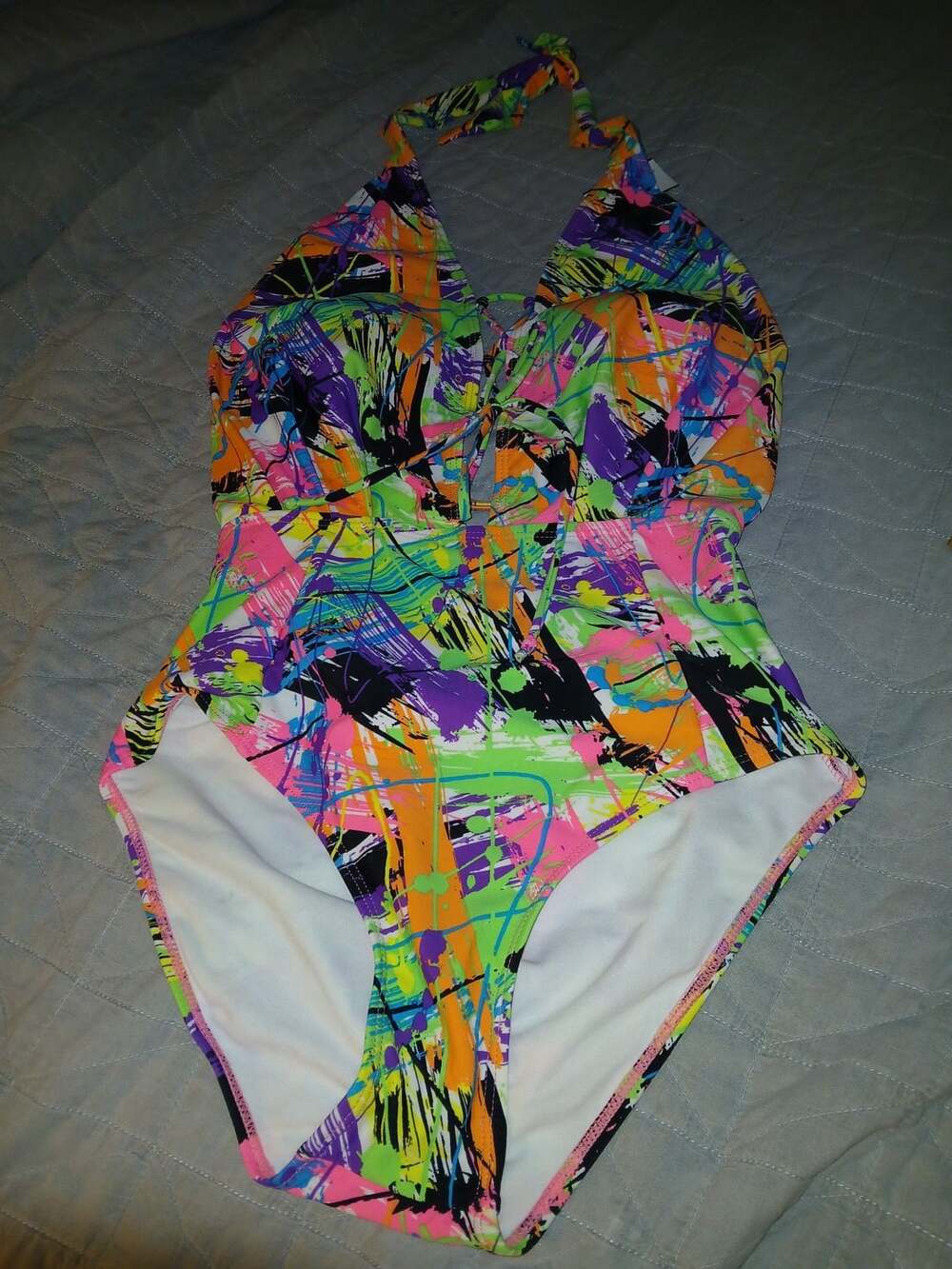 Neon Paint Splatter Halter One-Piece Swimsuit Size M